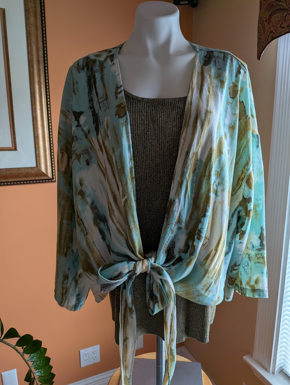Lightweight Tie-Front Kimono Cardigan in Aqua and Olive Bundle of 3 Size 4